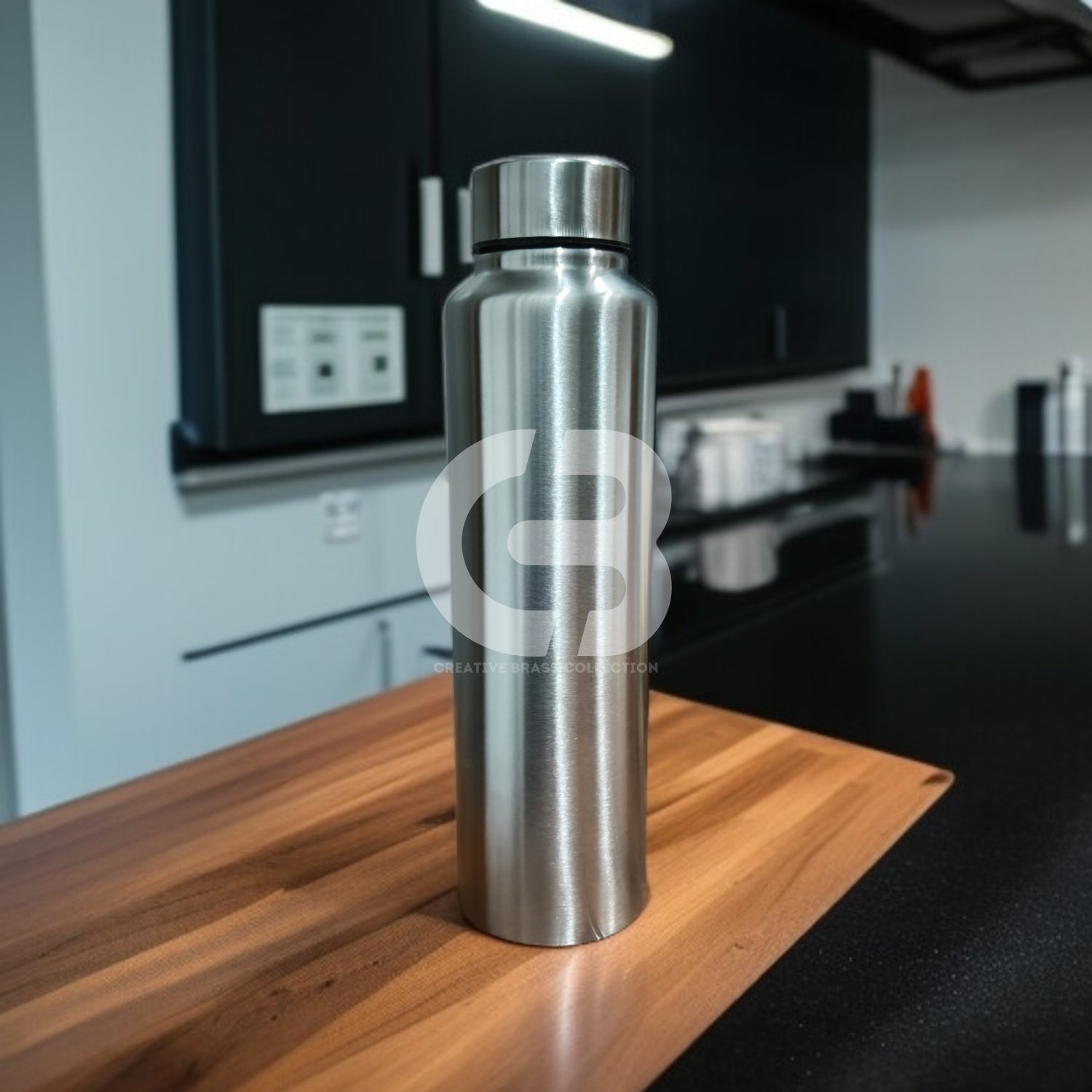 Stainless Steel Bottle Set, featuring a large slim bottle (26 cm) and a small compact wide-mouth bottle (16.5 cm). Combo pack of two lightweight, brushed metal water bottles