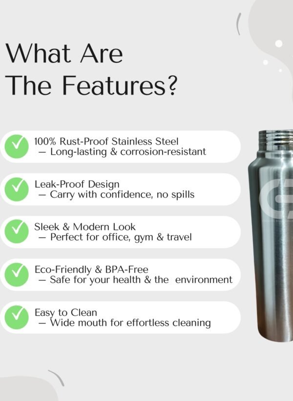 Stainless Steel Slim Water Bottle, 26 cm height, 7.5 cm diameter, 180 gm weight