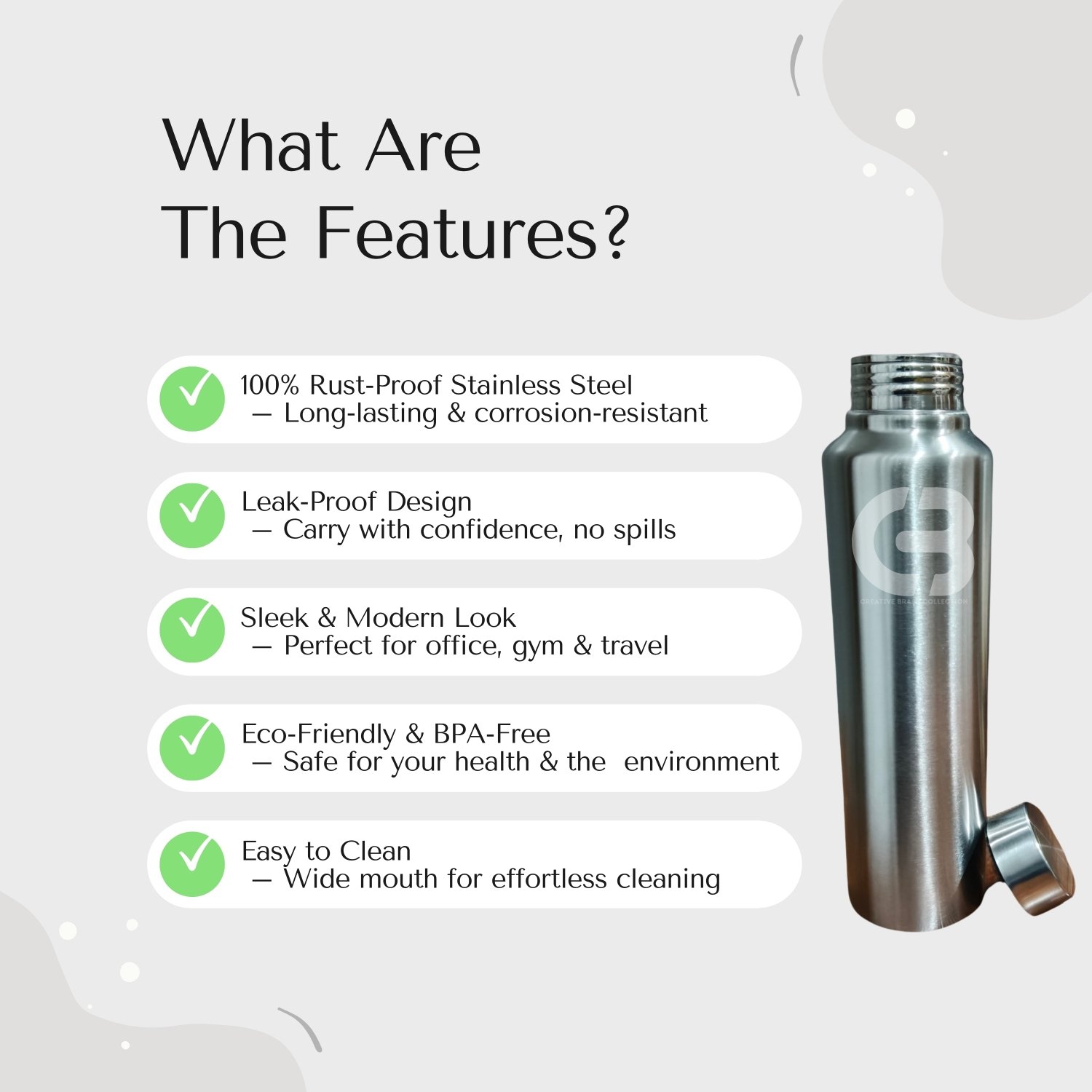 Stainless Steel Slim Water Bottle, 26 cm height, 7.5 cm diameter, 180 gm weight