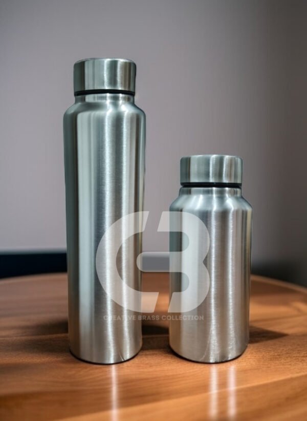 Stainless Steel Bottle Set, featuring a large slim bottle (26 cm) and a small compact wide-mouth bottle (16.5 cm). Combo pack of two lightweight, brushed metal water bottles