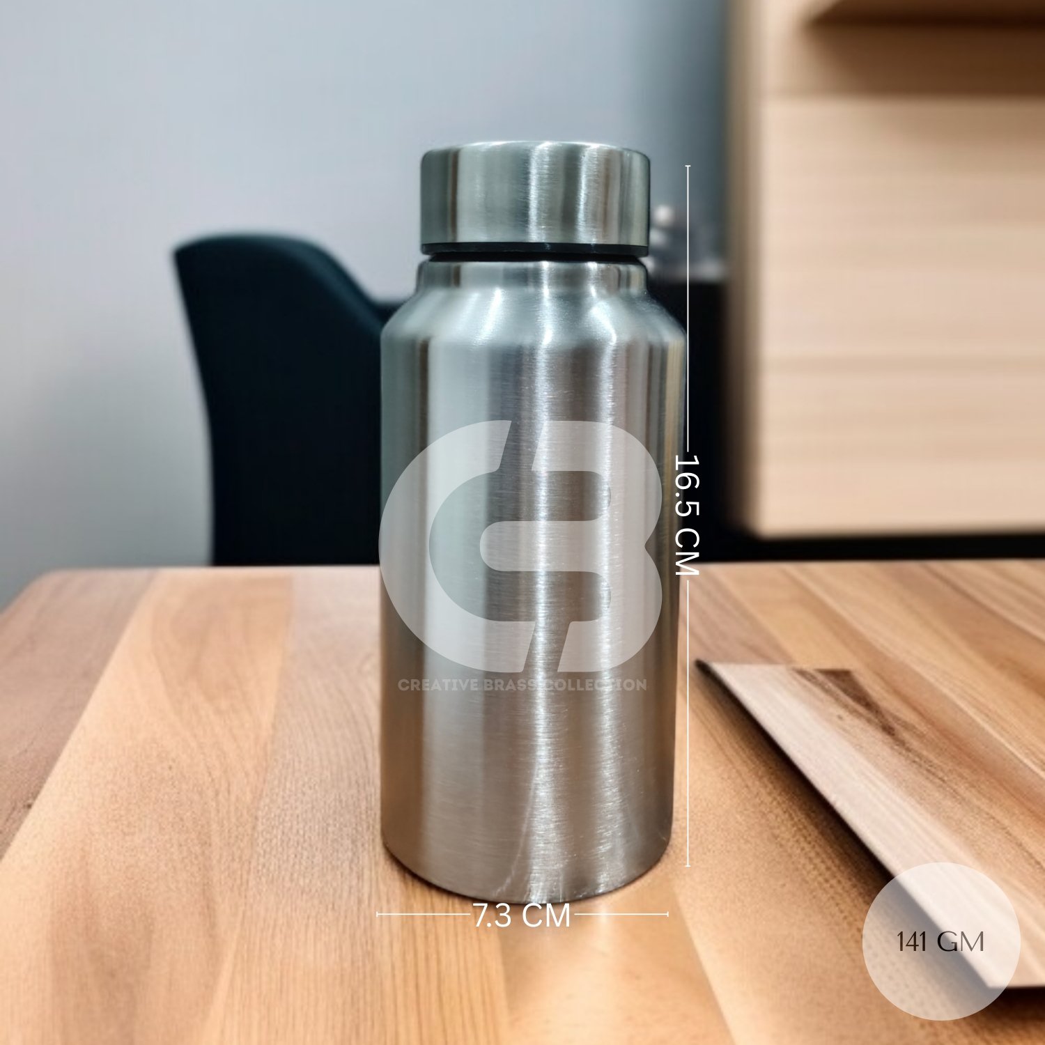 Small Stainless Steel Water Bottle, wide mouth, 16.5 cm height, 7.3 cm diameter, 141 gm weight